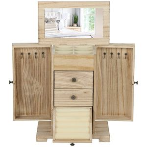 English Elm Jewelry Armoire Paulownia Wood Box with Built-in Mirror Hooks and Tiered Storage T3971P397384