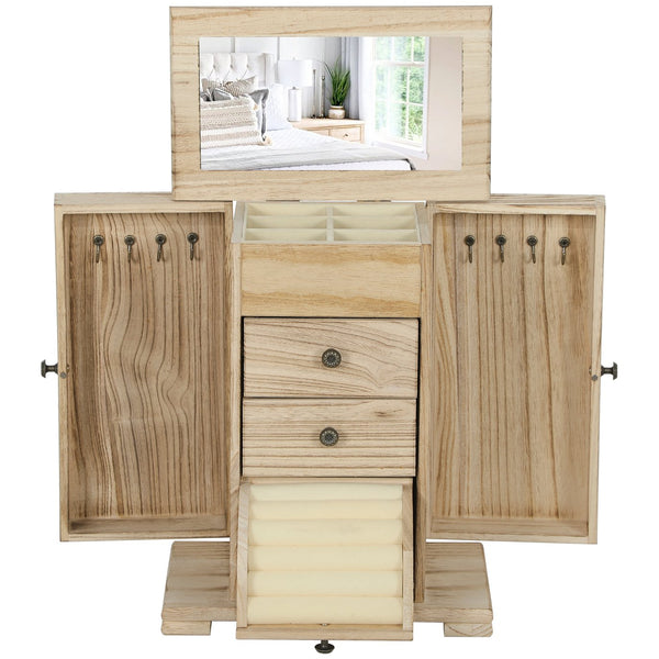 English Elm Jewelry Armoire Paulownia Wood Box with Built-in Mirror Hooks and Tiered Storage T3971P397384