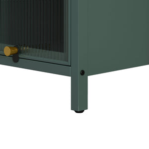 English Elm Modern Four-tier Glass Door Cabinet with Slim Iron Frame, Five Shelves, Heavy-Duty 33lb Capacity Dark Green W757P241563