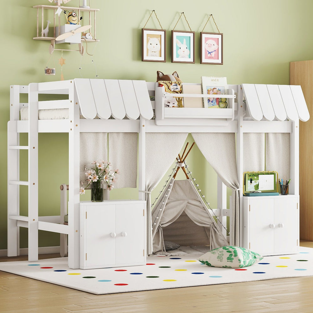 English Elm Twin Loft Bed Cottage-Style Playhouse with Built-In Bookshelf, Curtain & Storage, Safe Guardrails White W1580S00355