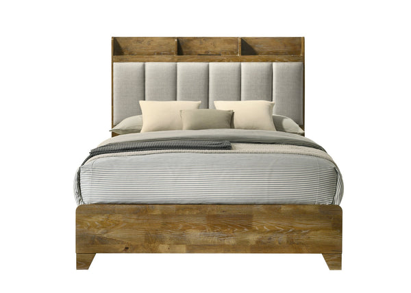 English Elm Garcia Eastern King Bed with USB Ports, Aspen Brown Fabric Upholstery, Solid Rubberwood Frame Light Brown 84.45 L x 7.36 W x 3.15 H B2726S00539