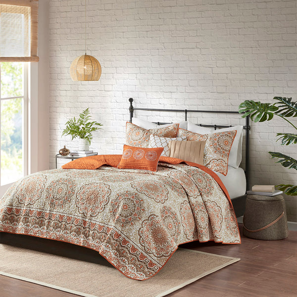 JLA Home Madison Park - 6 Reversible Quilt Set with Orange Taupe Floral Medallions, Embroidered Throw Pillows, Soft Microfiber 90 L x 90 W x 0.25H MP13-1523