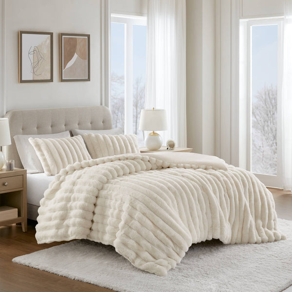 English Elm 3-Piece Luxurious Ultrasoft Faux Fur Ribbed Comforter Set For Full/Queen Bed - Elegant Ivory Design B035P408269