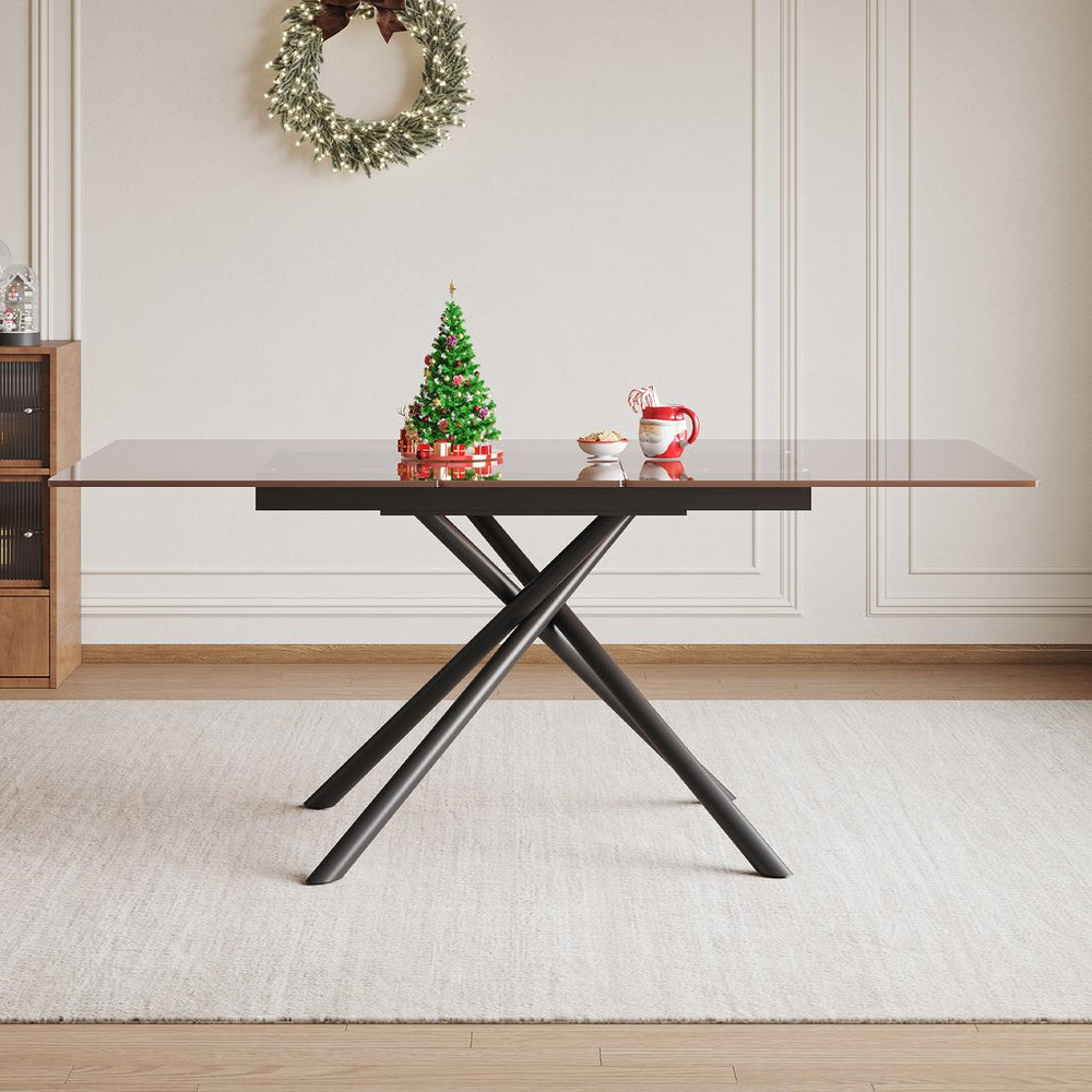 English Elm 59-inch Extendable Dining Table Black Glass Top Steel X-base Seats up to Six W2700P362085