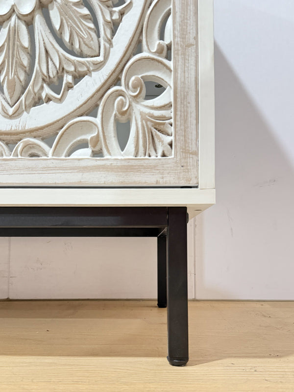 English Elm Living Mid Century Modern TV Stand Curio Buffet Cabinet with Handcrafted Carved Accents and Storage White W2263P207529