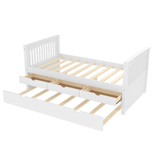 English Elm Twin Solid Wood Platform Bed with Trundle and Two Drawers, White Daybed for Kids Guests Off White W1580S00262