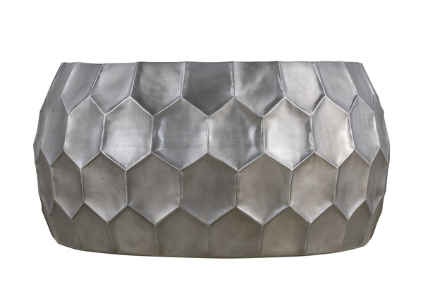 English Elm Modern Round Hand-Hammered Aluminum Coffee & End Table Set — Hexagonal Patterned Artisanal Design Silver B009S01530