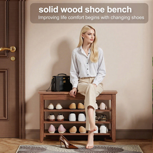 English Elm Adjustable Solid Rubberwood Storage Bench with Hidden Compartment for Entryway or Bedroom W2987P337970