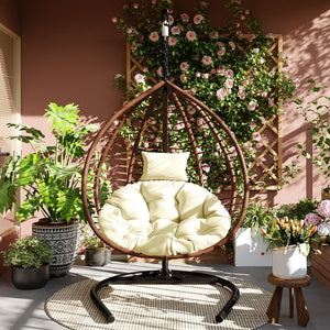English Elm U_style Wicker Hanging Egg Chair with Stand Foldable Indoor Outdoor Swing Seat Brown+Beige N711P389502K