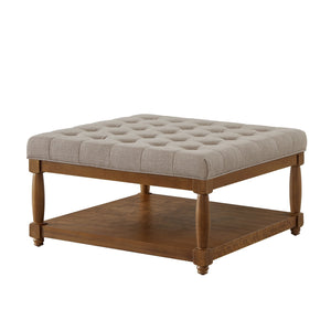 English Elm Large Square Tufted Ottoman with Wood Shelf Upholstered Footrest for Living Room Linen W2186P204184