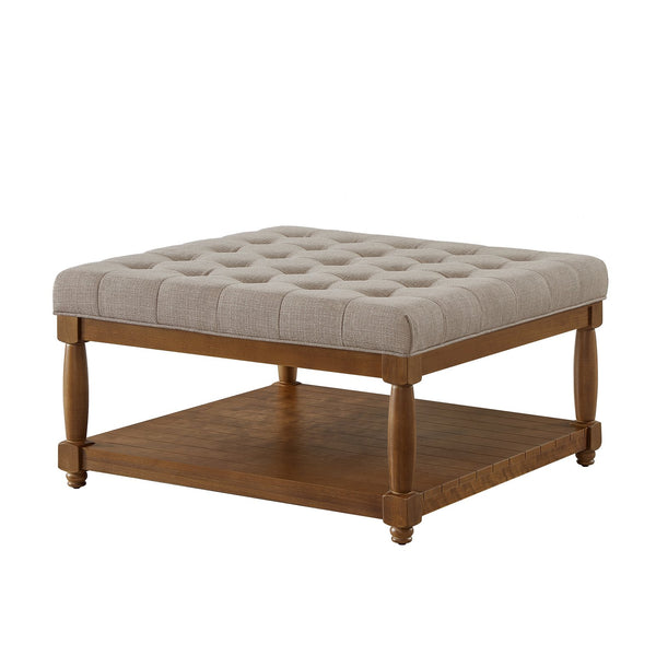 English Elm Large Square Tufted Ottoman with Wood Shelf Upholstered Footrest for Living Room Linen W2186P204184