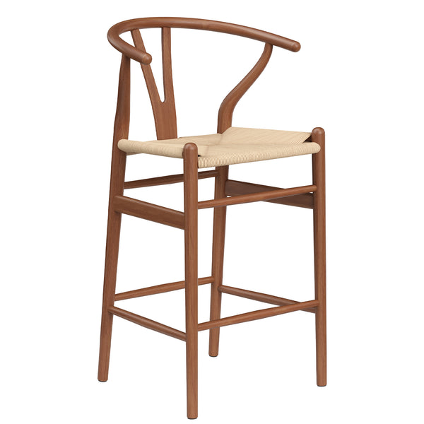English Elm Wishbone Rattan Barstool with Woven Papercord Seat, Solid Ash Wood, Eco-Friendly Finish, Fully Assembled Walnut T3623P379825