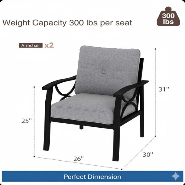 English Elm Set of 2 Outdoor Steel Armchairs Powder Coated Matte Frame with Cushioned Patio Seating Black+ Gray B082P455145
