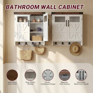 English Elm Bathroom Wall Cabinet Over Toilet with Adjustable Shelves and Built in Towel Hook Brown+White T5831P488974