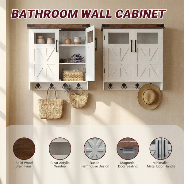 English Elm Bathroom Wall Cabinet Over Toilet with Adjustable Shelves and Built in Towel Hook Brown+White T5831P488974