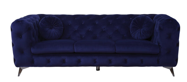 English Elm Atronia Blue Velvet Sofa with Button Tufting, Pocket Coil Seat & Metal Tapered Legs, 660lb Capacity B2726P317195
