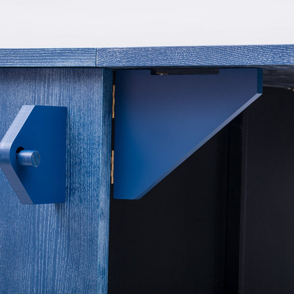 English Elm K&K Farmhouse Kitchen Island with 3D Wave Stripes Ash Veneer, Drop Leaf, Rolling Cart Storage Navy Blue N707P207915E