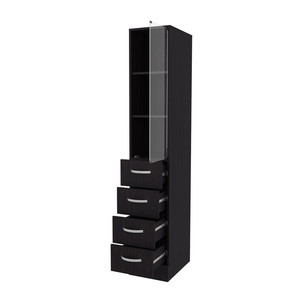 English Elm Piñon Tall Bathroom Linen Cabinet with Glass Door, 4 Drawers, Wengue Finish — Slim 68.3"H Storage B128P287528