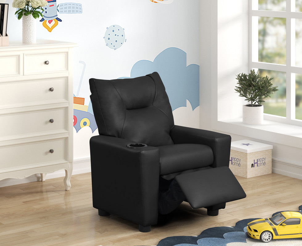 English Elm Evelyne Youth Pu Leather Recliner with Cupholder for Playroom or Bedroom Lounge Black B2749P413212