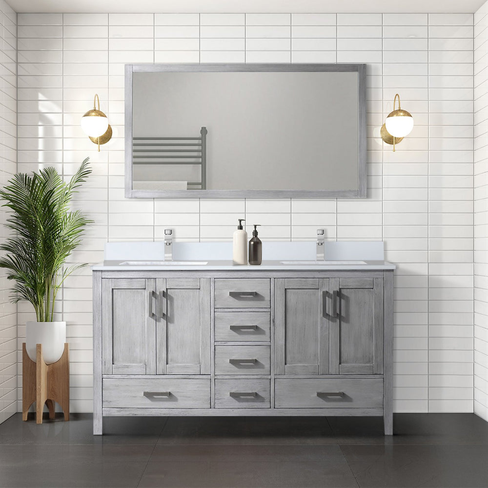 English Elm Distressed Grey Double Bath Vanity with Cultured Marble Top, Faucet & 58" Mirror — Durable Scratch-Resistant Surface, Monte Chrome Faucet (60" W x 22" D) B2731S01020