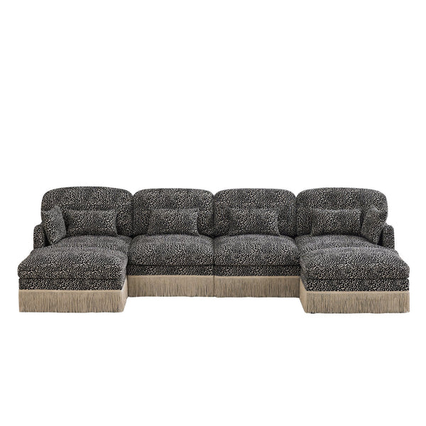 English Elm 131"comfy Chenille Leopard Print U-shaped Sectional with Tassel Trim and Modular Ottomans Khaki W5656S00027