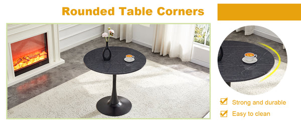 English Elm Round Faux Marble Tulip Pedestal Dining Table Mid Century Modern for Small Bistro Spaces Black+Gery W2920P405346