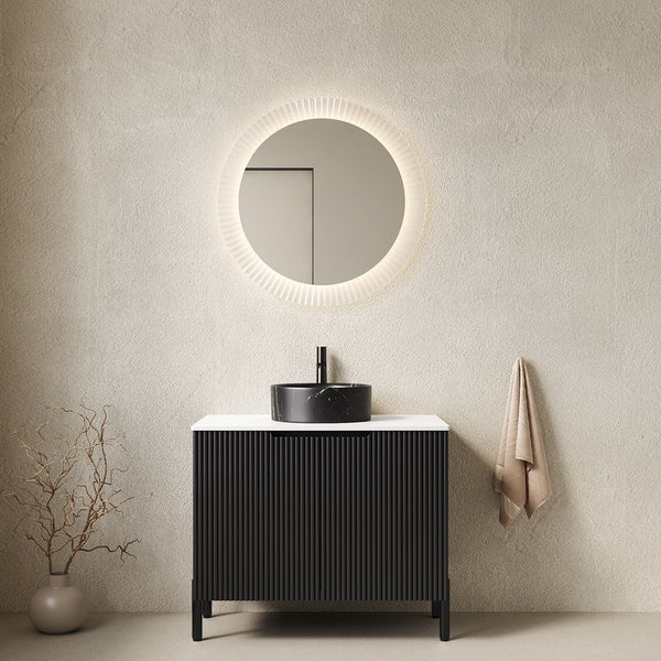 English Elm Turio Freestanding Bathroom Vanity Plywood Cabinet Sintered Stone Top Glass Basin W2615S00556