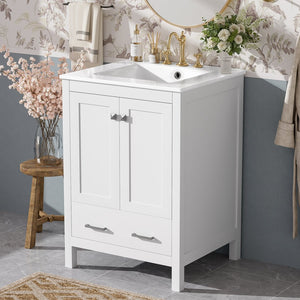 English Elm 24-inch Modern Bathroom Vanity with Ceramic Sink, Soft-Close Doors, Drawer Divider & Ample Storage White N729P299440K