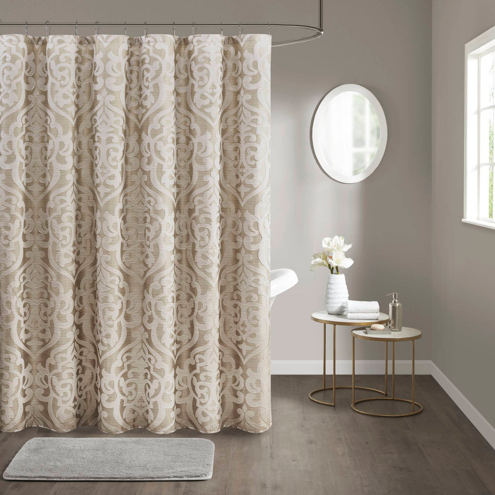 JLA Home Madison Park - Jacquard shower curtain with raised damask medallion weave on stria grey ground, 72x72, washable Tan/Ivory MP70-8084