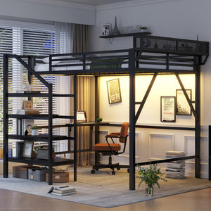 English Elm Queen Metal Loft Bed with Staircase Storage Foldable Desk and Built-in Charging W2580S00073