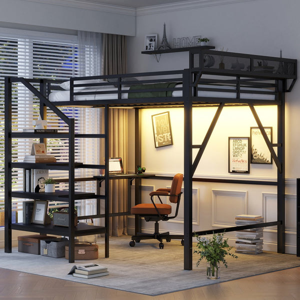 English Elm Queen Metal Loft Bed with Staircase Storage Foldable Desk and Built-in Charging W2580S00073