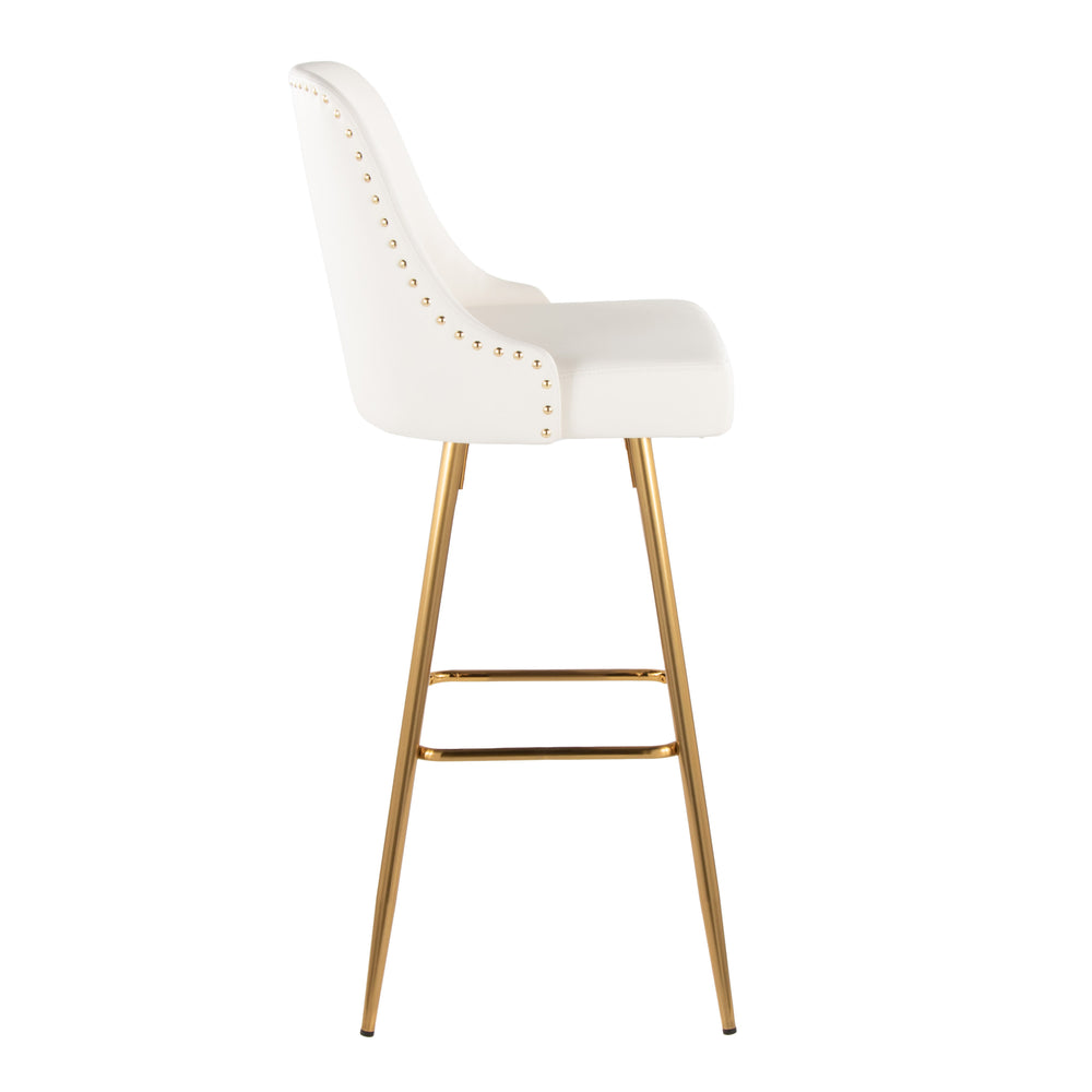 English Elm Fixed-height Barstools with Gold Nailhead Trim White Faux Leather Frame Set of 2 B202S01949