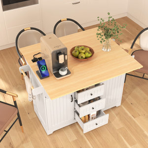 English Elm K&K 55.7'' Large Kitchen Island With 2 Drop Leaf,, Rolling Kitchen Cart On 5 Wheels With Power Outlet, Folding Storage Dining Table With Spice & Towel Rack , 3 Drawers, For Kitchen, Dining Room,White