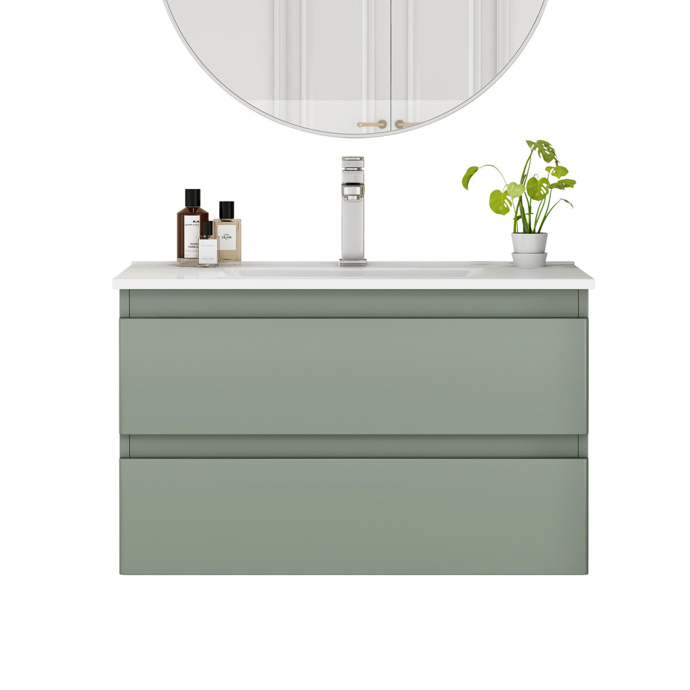 English Elm 32-Inch Wall-Mounted Bathroom Vanity With Integrated Ceramic Sink, Soft-Close Drawers & Modern Green Finish W3151S00044