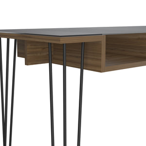 English Elm Kyoto 140 Writing Desk Brown with Glass Top & Haipin Metal Legs, Industrial Shelf Storage Solution B128S00167