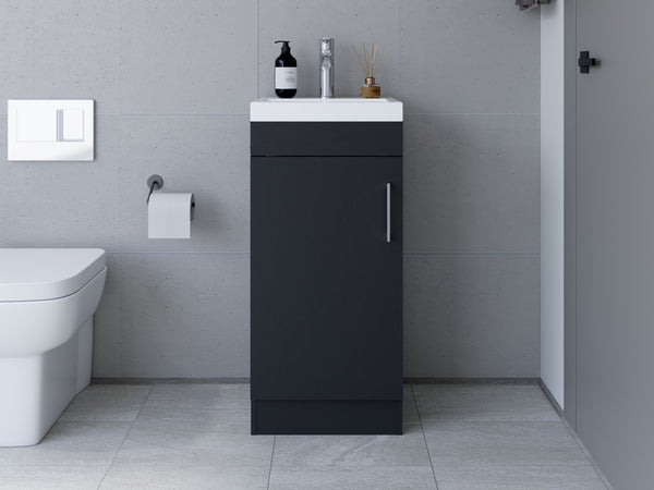 English Elm Bathroom Jozz Vanity Sink Cabinet Black – Compact Particle Board, Metal Handle, Single Door, Shelf, Durable Design B092S00065