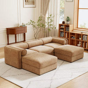 English Elm Elegant Camel Chenille Sofa With Storage & Ottoman - U-Shaped 3-Seater, Modern Comfort & Style W714S01229