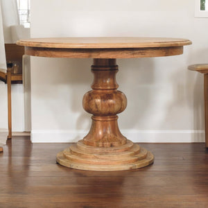 English Elm Solid Mango Wood Round Dining Table French Country Turned Legs Seats Four Nook B182P279166