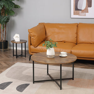 English Elm HOMCOM Modern Round 32" Coffee Table with Wood Grain Top and Black Metal Frame, Durable & Versatile Rustic Brown W2225P217460