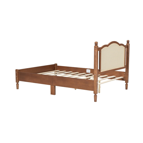 English Elm Full Size Walnut Platform Bed with Arched Rattan Headboard for Coastal Bohemian Rooms N733P180014D