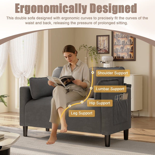 English Elm 48" Corduroy Compact Loveseat with Side Pocket Solid Wood Frame for Small Spaces Grey W2715P409865