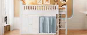 English Elm Twin Loft Bed with Wardrobe Cabinet Led Lighting and Pine Frame for Kids Rooms White N7090002236K