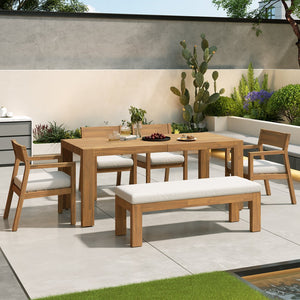 English Elm Trexm Outdoor Acacia Wood Dining Set Seats Six with Umbrella Hole and Cushioned Bench Beige,Light Teak TM000028AAD