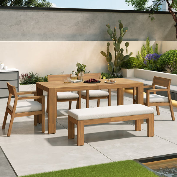 English Elm Trexm Outdoor Acacia Wood Dining Set Seats Six with Umbrella Hole and Cushioned Bench Beige,Light Teak TM000028AAD