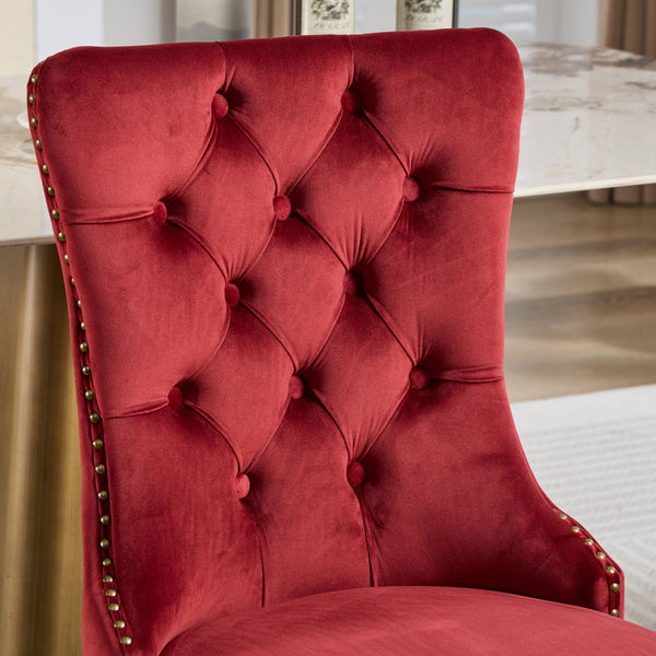 English Elm Mid-Century Tufted Velvet Dining Chair with Lion Head Pull Ring, Gold Legs, Nailhead Trim, Luxurious Support WINE RED W1143P233645