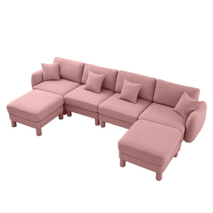 English Elm Boucle Chic U-Shape Sectional Sofa For 4 With Shell Armrests & Movable Ottomans In Stylish Pink W3041S00297