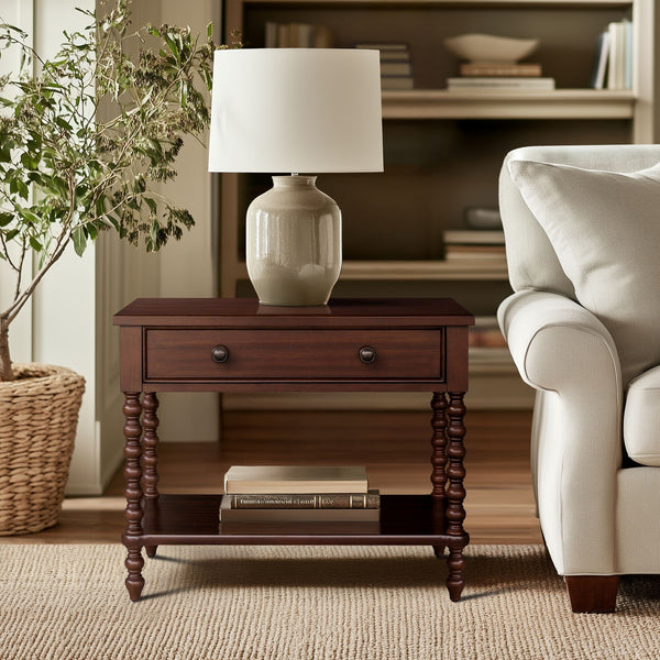 English Elm Large Cottage Nightstand with Spindle Legs Open Shelf and Drawer for King Beds Morocco Brown B035P408398