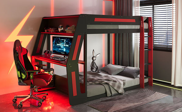 English Elm Full-size Gaming Loft Bed with Integrated Rgb Desk Usb Ports and Esports Frame Red LT000239AAR