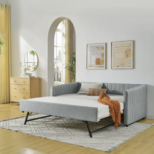 English Elm Twin Size Daybed With Trundle - Stylish Grey Linen Upholstered Sofa Bed With Vertical Stripes W1413S00089-GIGA