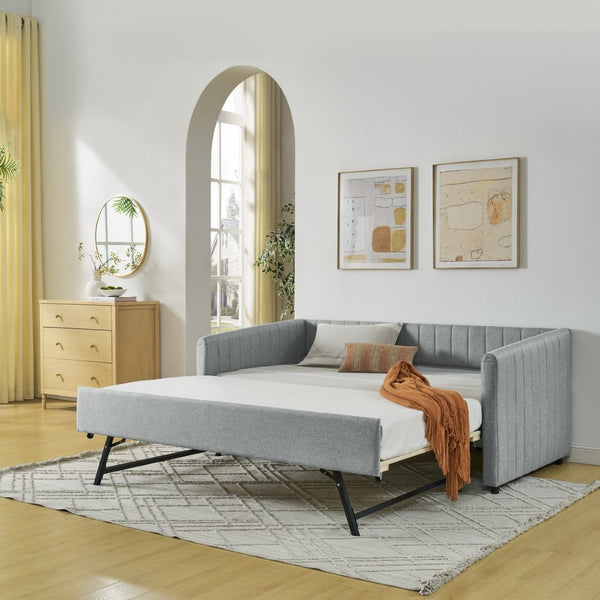 English Elm Twin Size Daybed With Trundle - Stylish Grey Linen Upholstered Sofa Bed With Vertical Stripes W1413S00089-GIGA